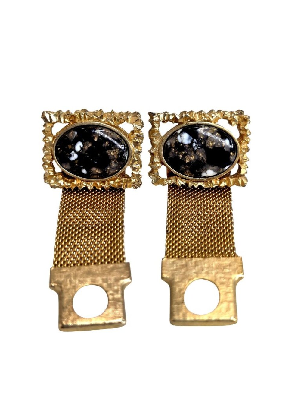 Vintage Gold Mesh Wrap-around Cufflinks With Black & White Marbleized Oval Stone